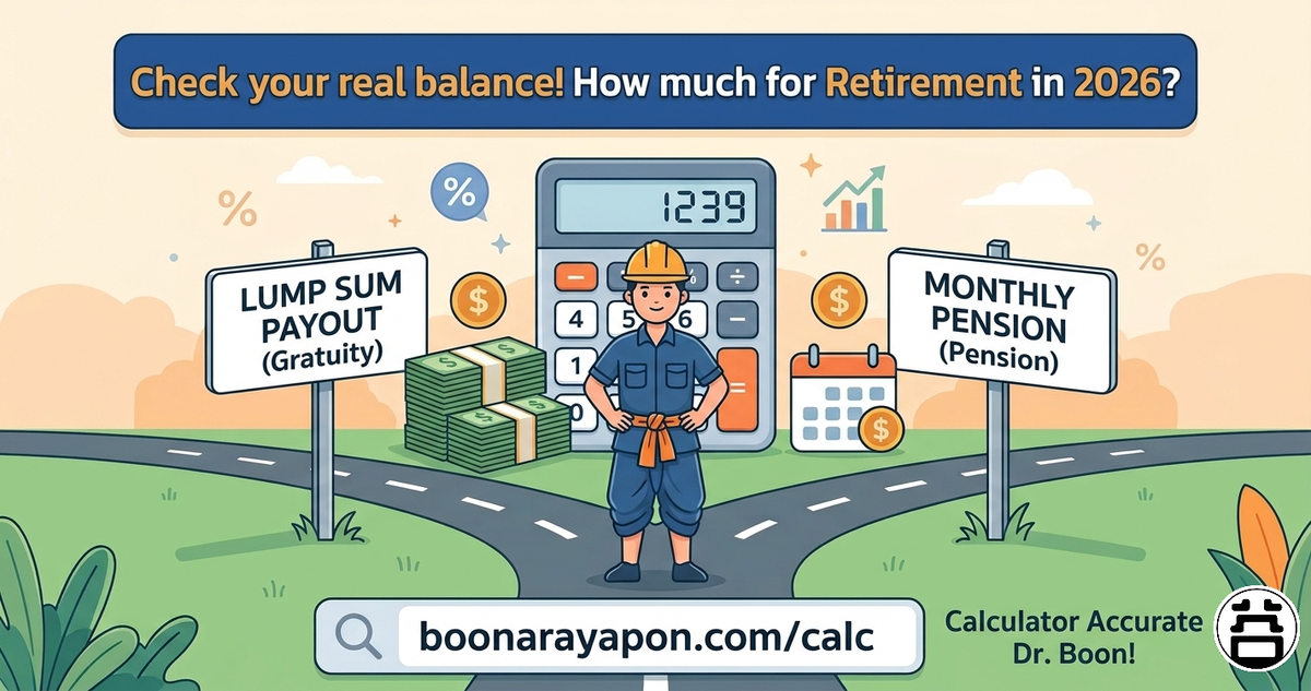 Check your real balance! How much for Retirement in 2026? Lump Sum Payout (Gratuity) vs Monthly Pension — boonarayapon.com/calc, Calculator Accurate Dr. Boon