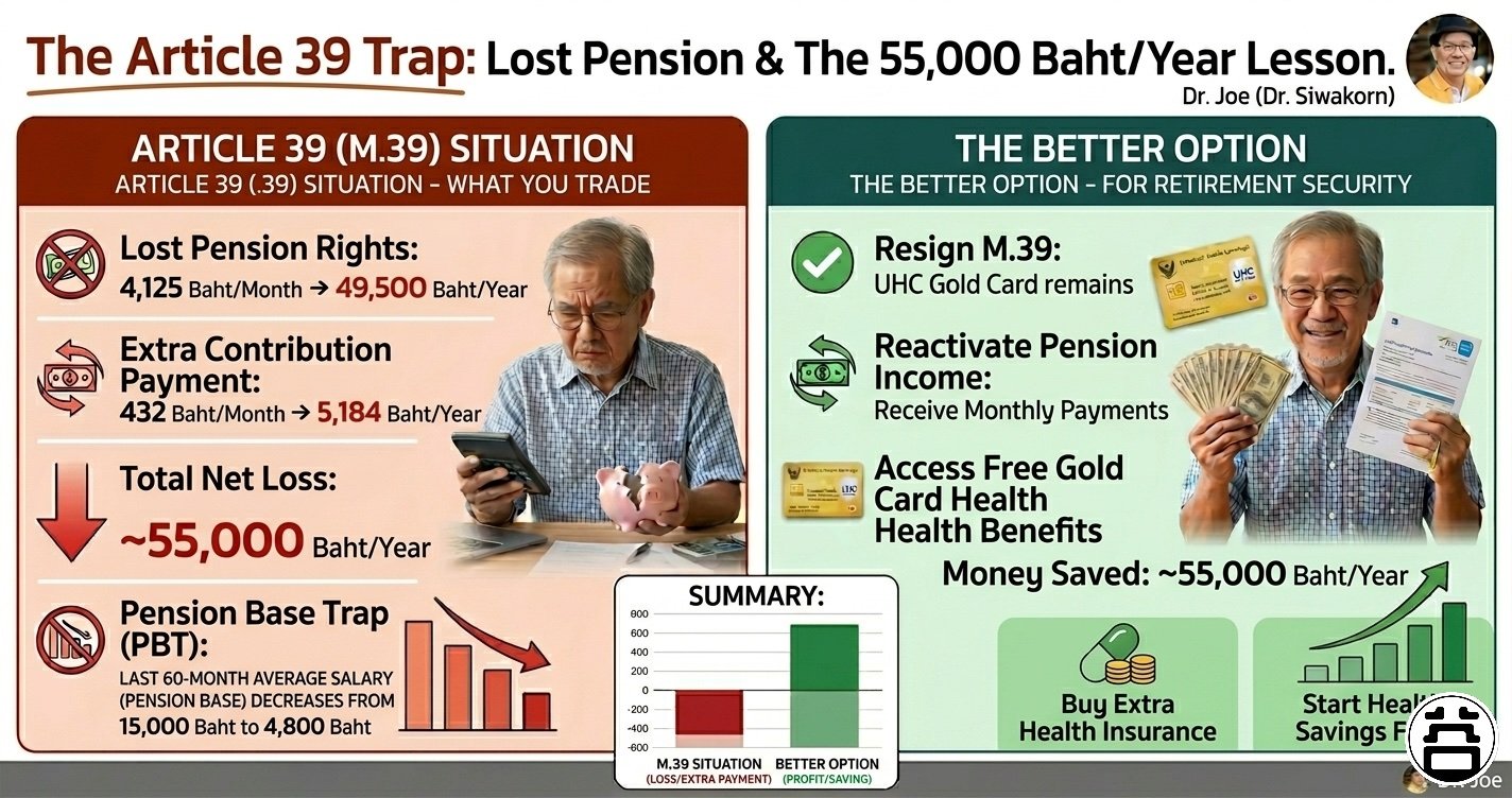 The Article 39 Trap: Lost Pension and The 55,000 Baht/Year Lesson — M.39 Situation: Lost pension rights 49,500 Bt/yr + extra contribution 5,184 Bt/yr = 55,000 Bt/yr. The Better Option: Resign M.39, Gold Card stays, receive pension. By Dr. Joe and Dr. Boon