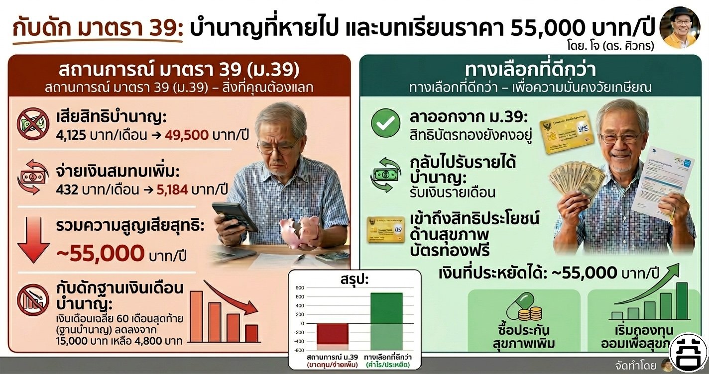 กับดัก มาตรา 39: บำนาญที่หายไป สถานการณ์ ม.39 เสียบำนาญ 49,500 + จ่ายเบี้ย 5,184 รวม 55,000 บาท/ปี vs ทางเลือกที่ดีกว่า บัตรทอง รับบำนาญ โดย Dr.Joe และหมอบูรณ์