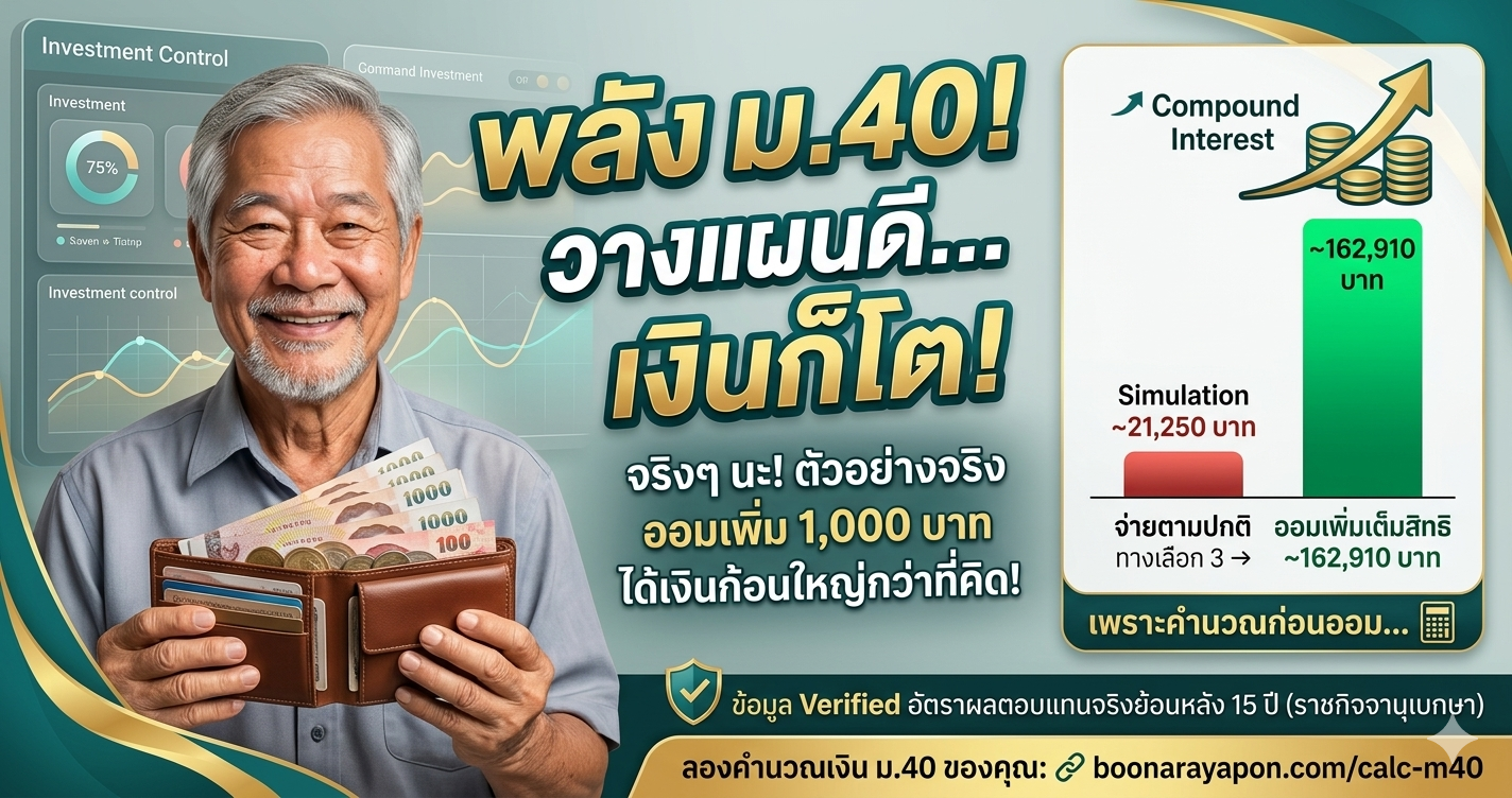 พลัง ม.40! วางแผนดี เงินก็โต! ออมเพิ่ม 1,000 บาทต่อเดือน ได้เงินก้อนใหญ่กว่าที่คิด ตัวอย่างจาก boonarayapon.com/calc-m40