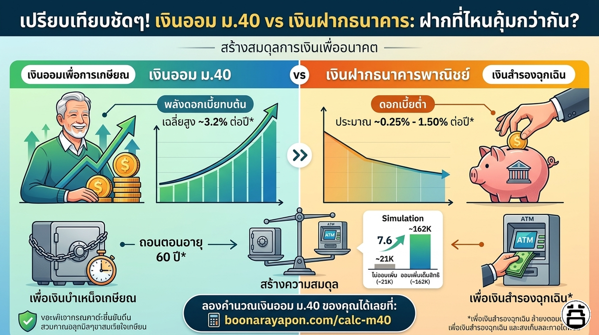 Infographic เปรียบเทียบ เงินออม ม.40 vs เงินฝากธนาคาร — ดอกผล 3.2%/ปี vs 0.25%-1.50% พร้อม Simulation 10 ปี โดย หมอบูรณ์ boonarayapon.com