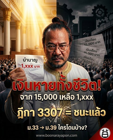 โปสเตอร์: เงินหายทั้งชีวิต! จาก 15,000 เหลือ 1,xxx บาท — ฎีกา 3307 = ชนะแล้ว — ม.33→ม.39 ใครโดนบ้าง?
