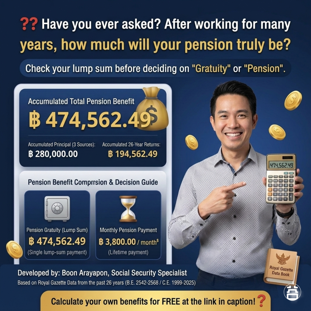Sample calculator result — Accumulated total pension benefit ฿474,562.49 with gratuity vs monthly pension comparison. Developed by Boon Arayapon based on 26 years of Royal Gazette data.
