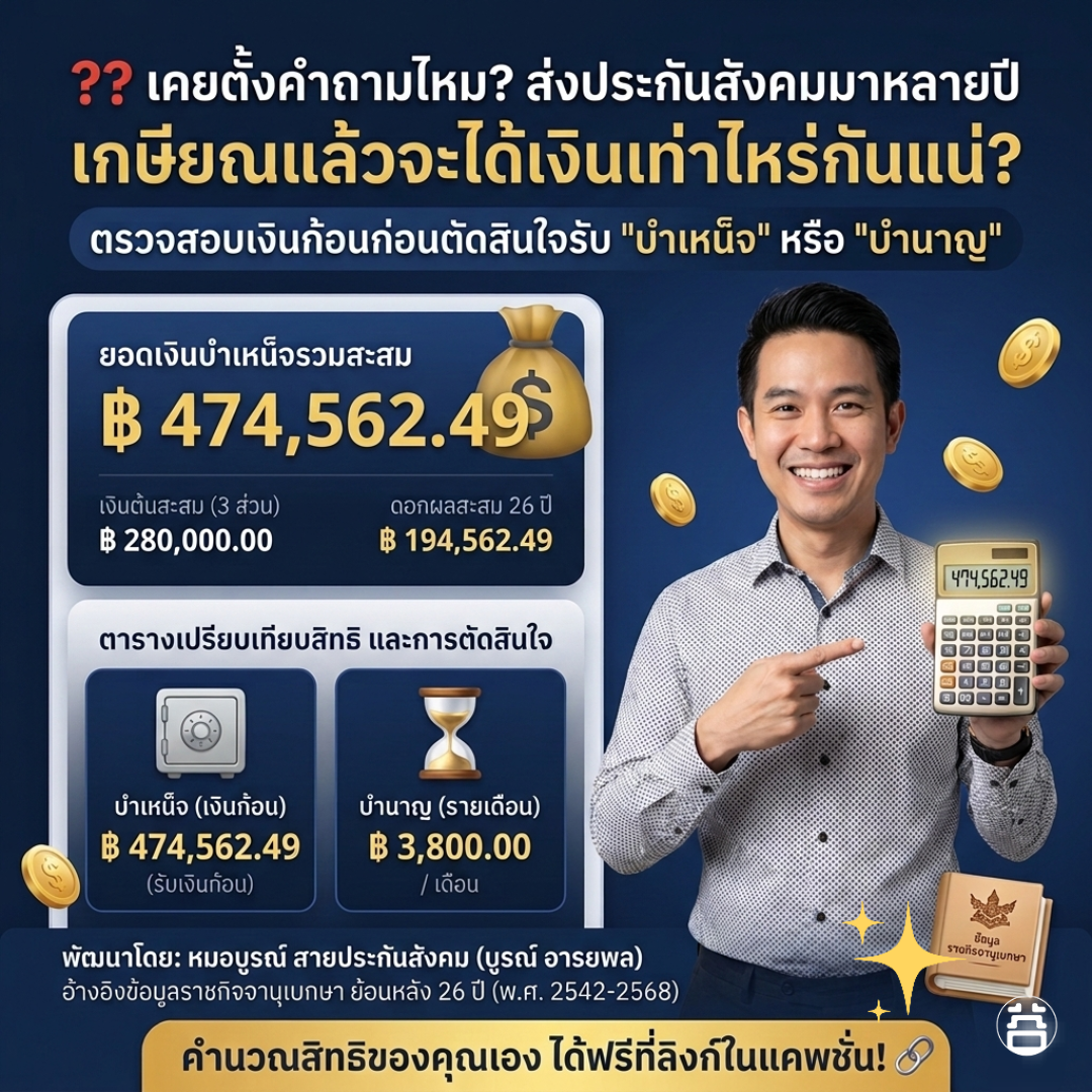 ပင်စင်တွက်ချက်စက် ရလဒ်နမူနာ — ပေါင်းစုငွေ ฿474,562.49 ဘဏ္ဍာ နှင့် ဘောနျာ နှိုင်းယှဉ်ချက်