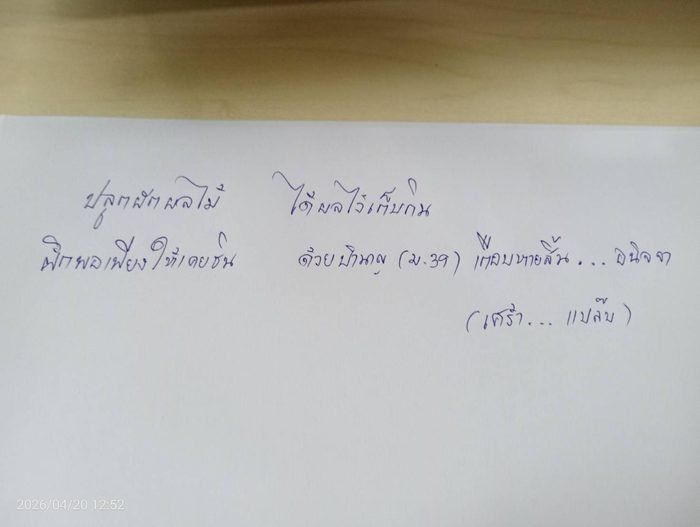 Handwritten poem by Miss Sukrawee Worakrut — growing vegetables to survive on her depleted Section 39 pension
