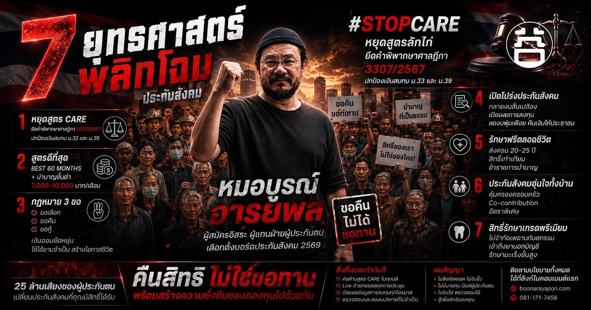 7 Policy Pillars — Boon Arayapon SSO Board Candidate Thailand 2026: StopCARE, Best 60 Months, Minimum Pension, 3-Choice Law, OPEN SSO, Lifetime Healthcare, Family Coverage