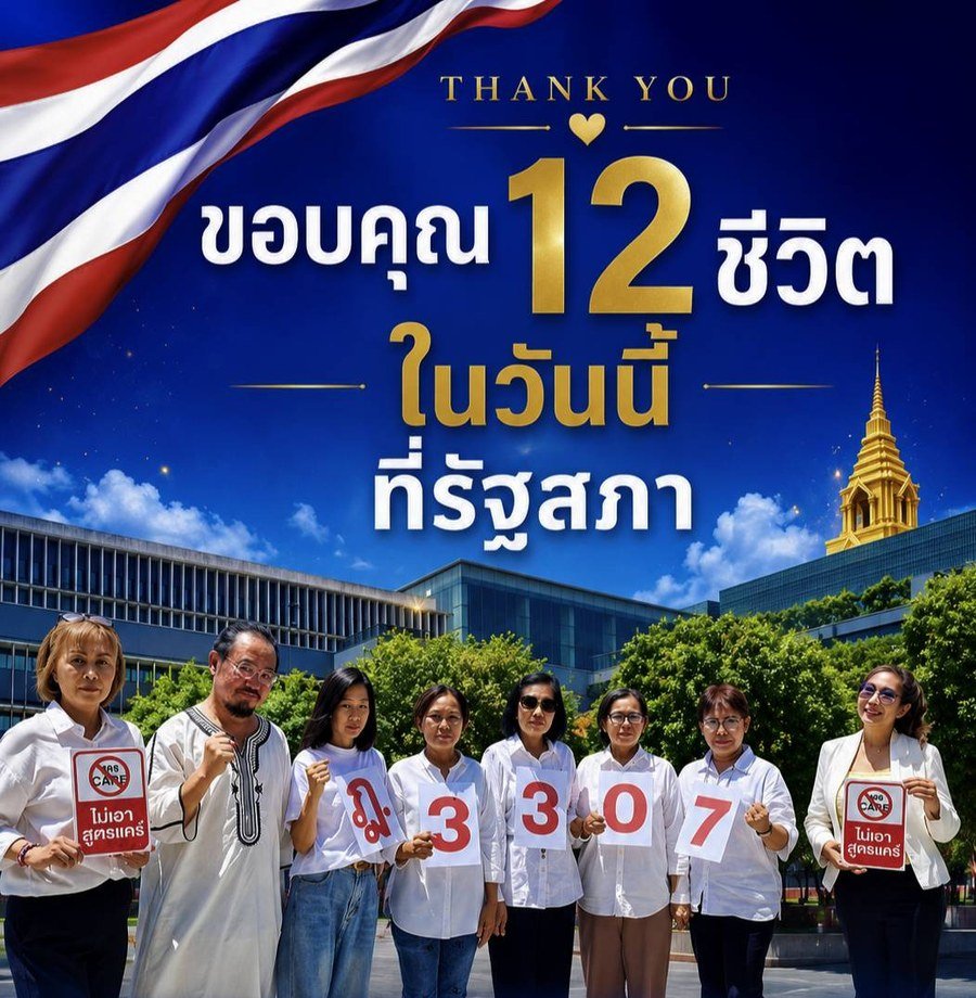 ทีมงานเครือข่ายผู้พิทักษ์บำนาญผู้ประกันตน 12 ชีวิต หน้ารัฐสภา 25 พฤษภาคม 2569 ถือป้ายฎีกา 3307 และ #StopCARE