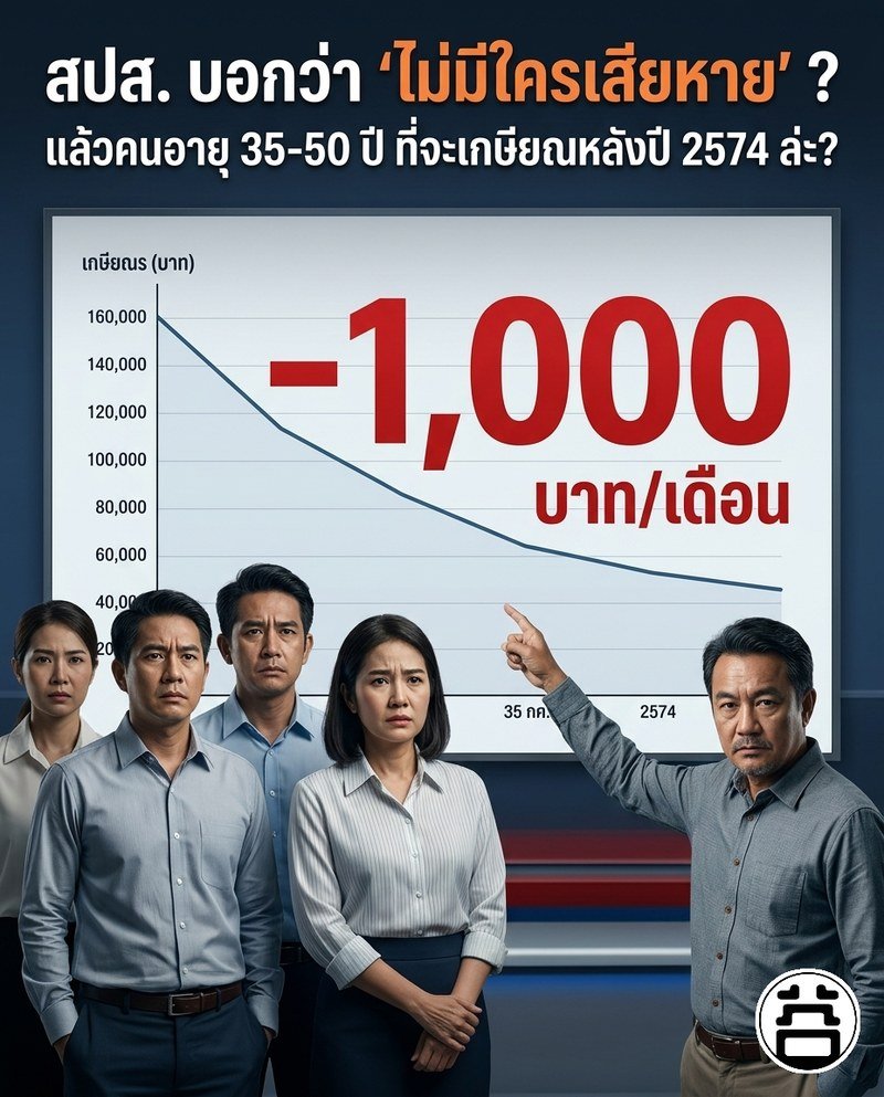 สปส. บอกว่าไม่มีใครเสียหาย? แล้วคนอายุ 35-50 ปี ที่จะเกษียณหลังปี 2574 ล่ะ — เสีย 1,000 บาท/เดือน ตลอดชีวิต ไม่มีชดเชย