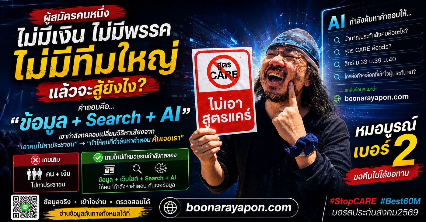 ผู้สมัครคนหนึ่งไม่มีเงิน ไม่มีพรรค ไม่มีทีมใหญ่ แล้วจะสู้ยังไง คำตอบคือข้อมูล Search และ AI หมอบูรณ์เบอร์ 2 StopCARE Best60M บอร์ดประกันสังคม 2569