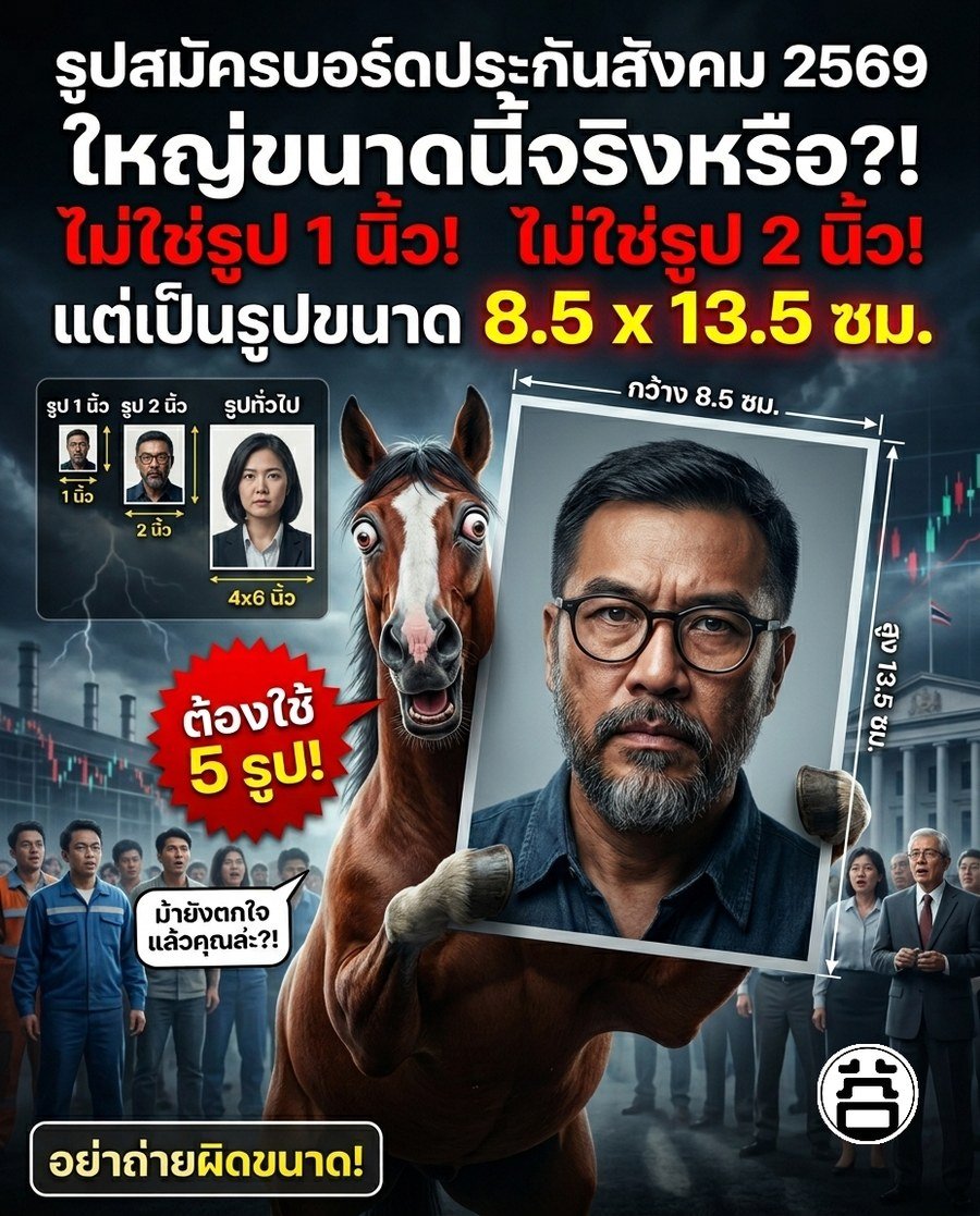 ม้ายังตกใจ รูปสมัครบอร์ดประกันสังคม 2569 ขนาด 8.5 x 13.5 ซม. ต้องใช้ 5 รูป
