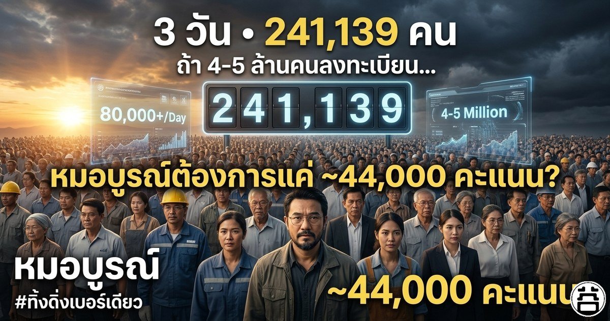3 วัน 241139 คน 80000 คนต่อวัน ถ้า 4-5 ล้านลงทะเบียน หมอบูรณ์ต้องการแค่ 44000 คะแนน ทิ้งดิ่งเบอร์เดียว