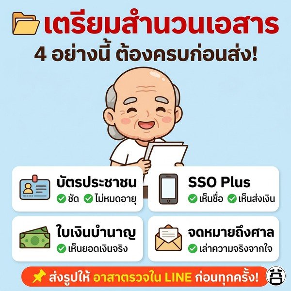 4 เอกสารสำคัญ: บัตรประชาชน แอป SSO Plus ใบเงินบำนาญ เขียนถึงศาล